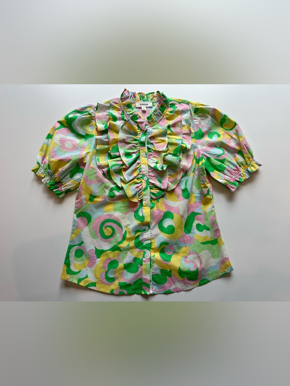 Rubienn Ruffle Blouse Small Colorful Abstract Print Puff Sleeve Cotton